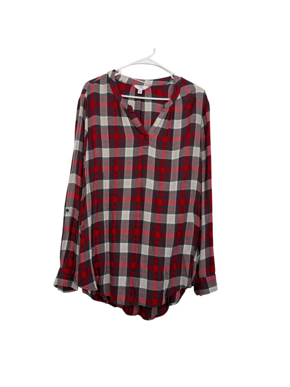 Time And Tru Womens Red & White Plaid V-Neck Roll-Tap Sleeve Tunic Top Size XL